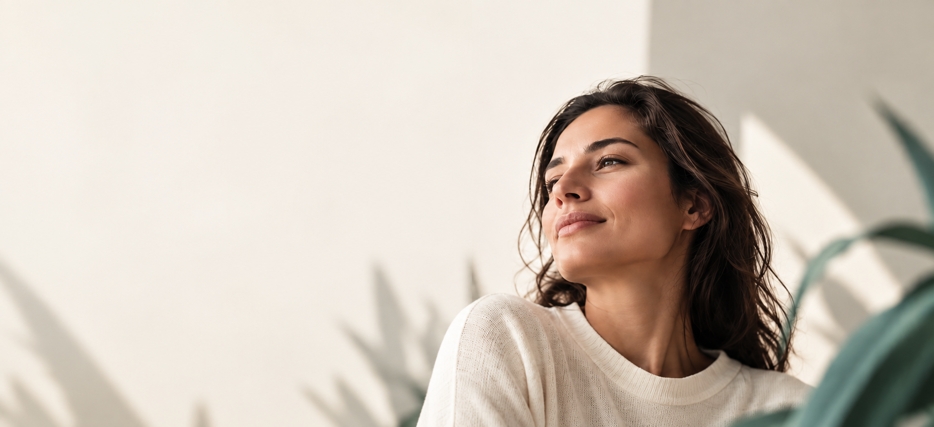 Mulher sorridente, iluminada por luz natural